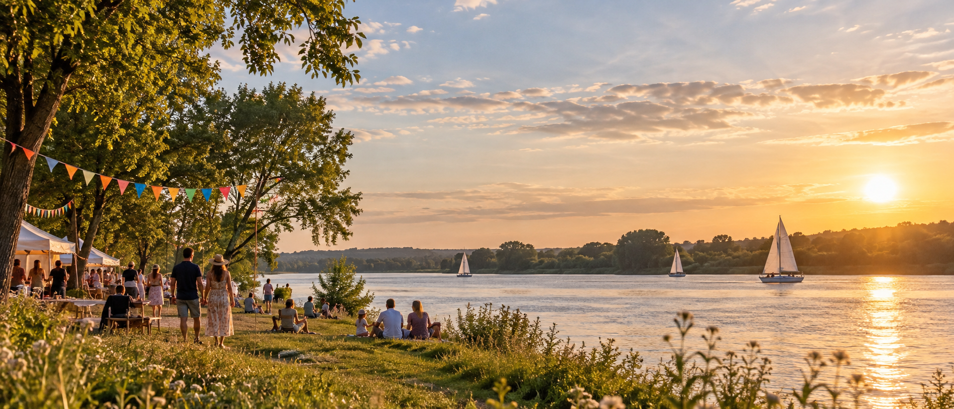 Illustration d’un rassemblement convivial au bord du fleuve